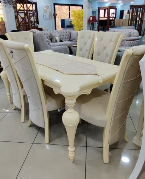 TABLE SALON MANGER VICTORIA 06 CHAISES BEIGE ARGENT